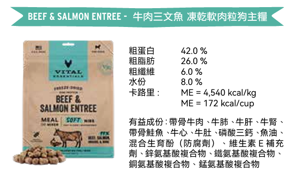 Vital Essentials 凍乾脫水生肉主食 - 牛肉三文魚 (軟肉粒) 狗糧 14oz