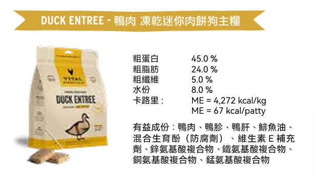 Vital Essentials 凍乾生肉主食 - 鴨肉 ( 迷你 肉餅 ) 狗糧 14oz