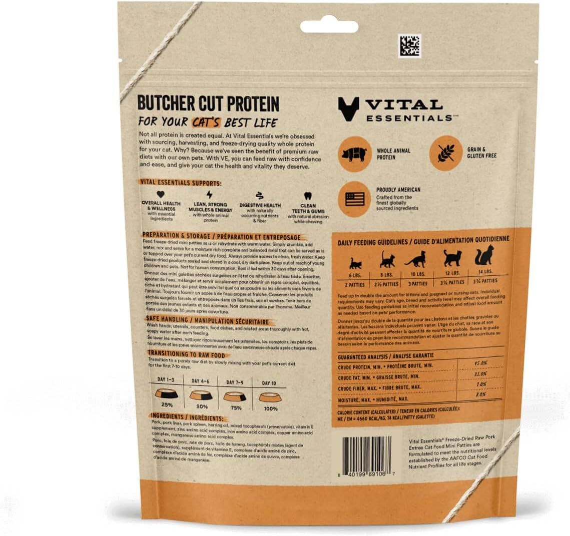 Vital Essentials 凍乾生肉主食 - 豬肉 ( 迷你 肉餅 ) 貓糧 3.75oz / 8oz / 15oz