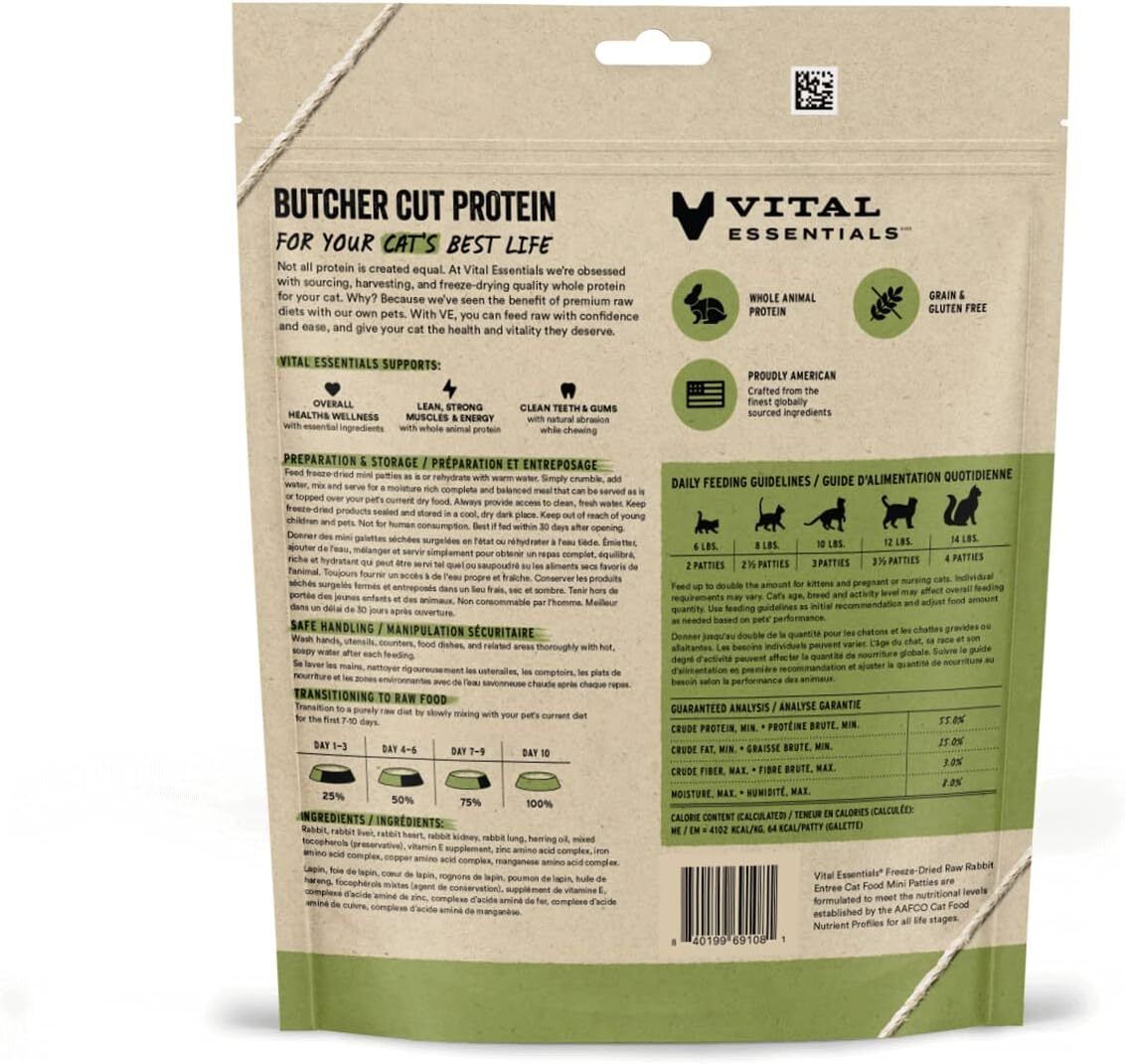 Vital Essentials 凍乾生肉主食 - 兔肉 ( 迷你 肉餅 ) 貓糧 3.75oz / 8oz / 15oz