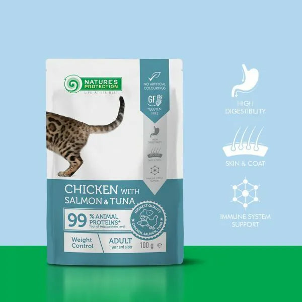Nature's Protection - 雞肉+三文魚+吞拿魚 成貓體重控制 貓主食濕糧 (100g x 22包) Best Before 2027/02