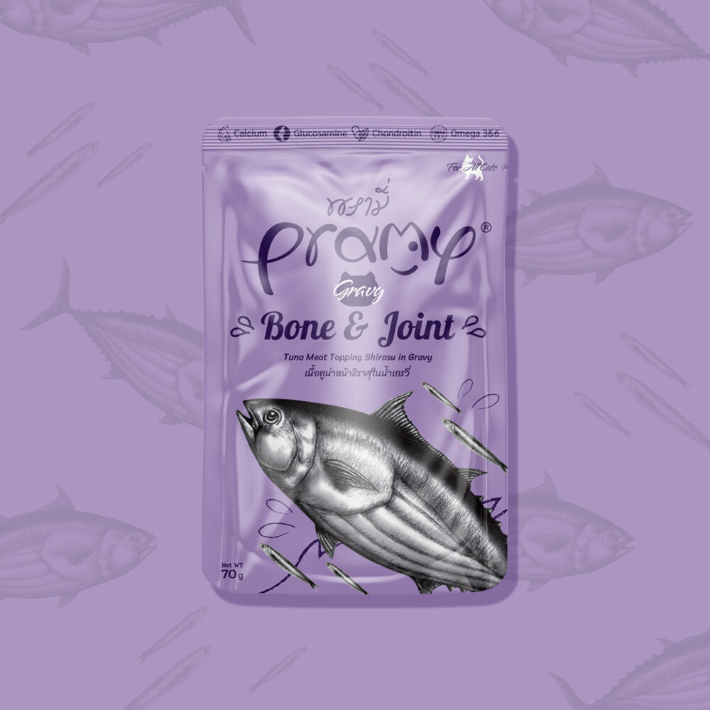 Pramy 功能性貓濕包[肉汁系列] - 強骨健骼 / 高級白肉吞拿魚＋小銀魚70g
