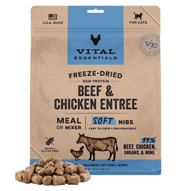 Vital Essentials 凍乾脫水生肉主食 - 牛肉鷄肉 (軟肉粒) 貓糧 12oz